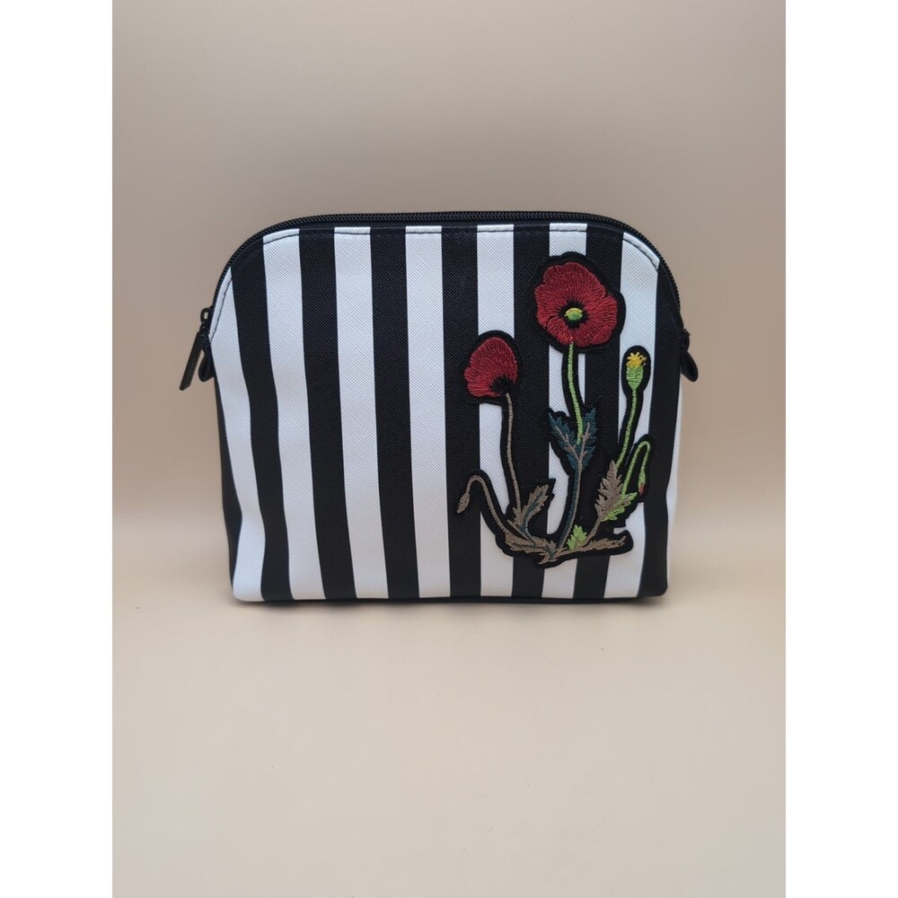 Nordstrom Cosmetics Makeup Bag Black White Stripes Floral Embroidered Case